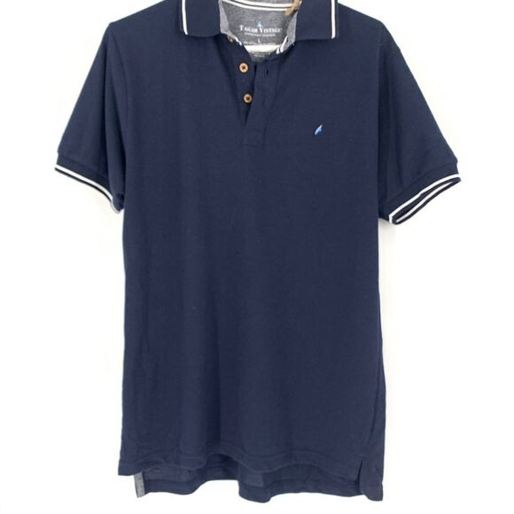 NWT Tailor Vintage Sz Large Navy Blue Short Sleeve Polo Shirt w/white Line Trim - Picture 1 of 9